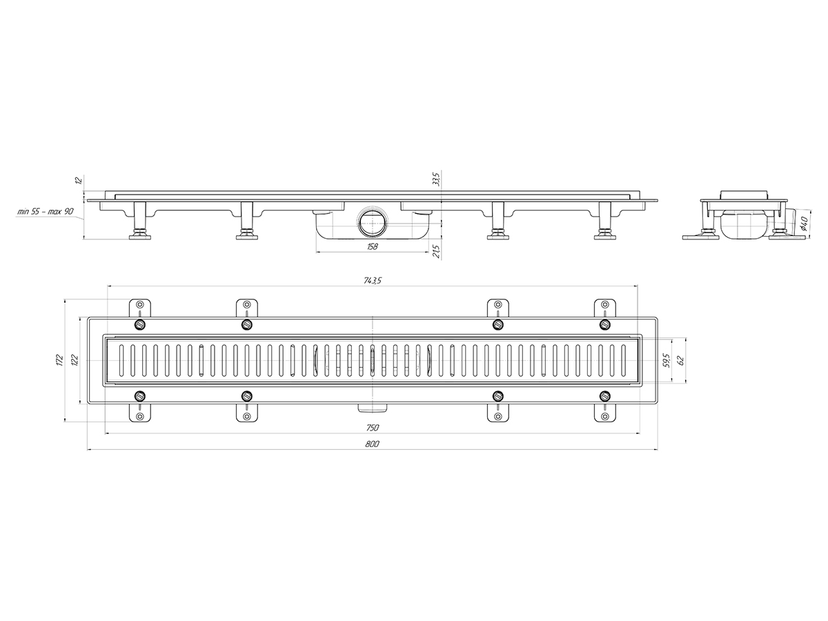 Трап линейный пластиковый АНИ Пласт TL1475G выпуск 40 мм решётка Бимс глянцевая нержавеющая сталь 750 мм