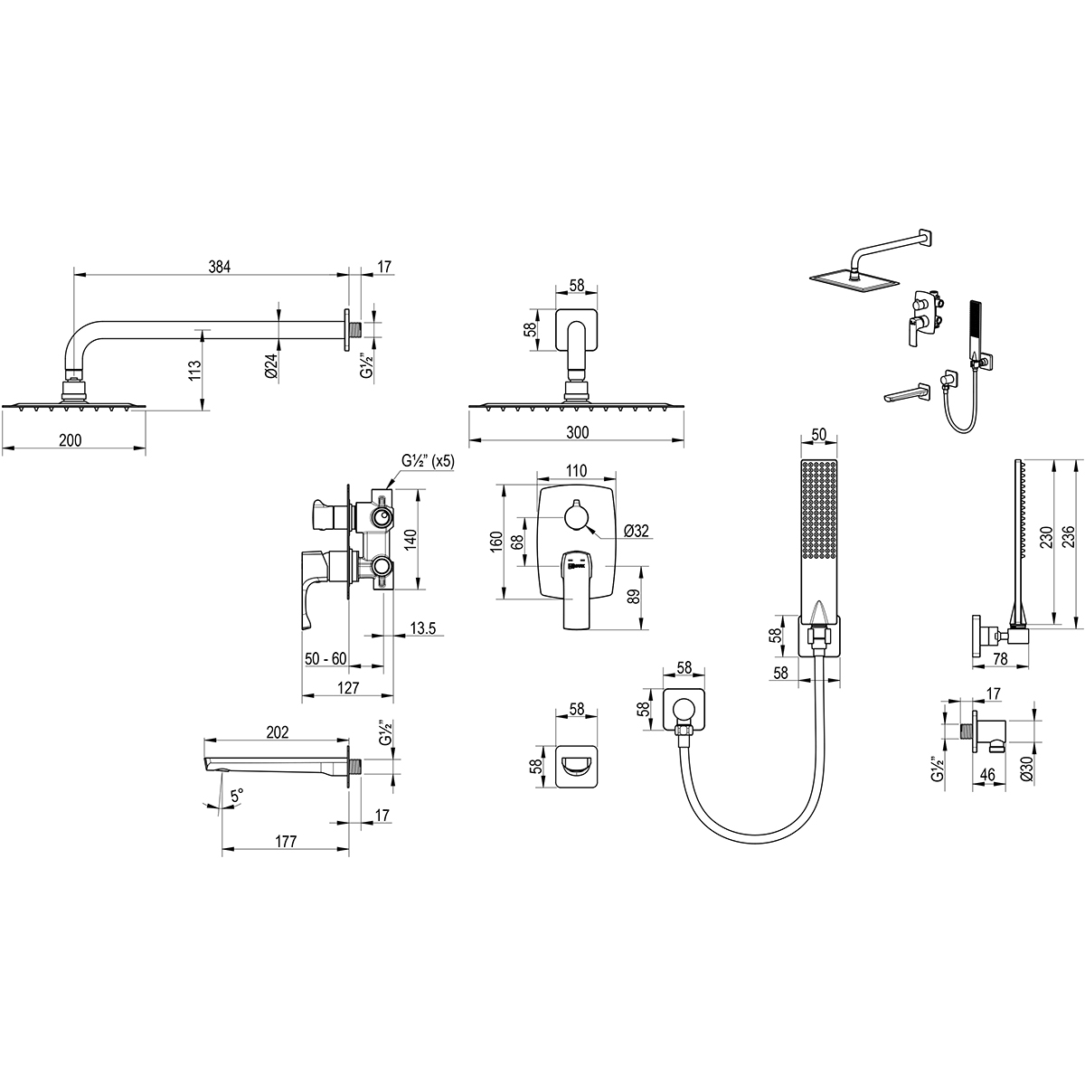Ursus Смеситель для ванны и душа встраиваемый с дополнительной 1-функц. лейкой, матовое золото