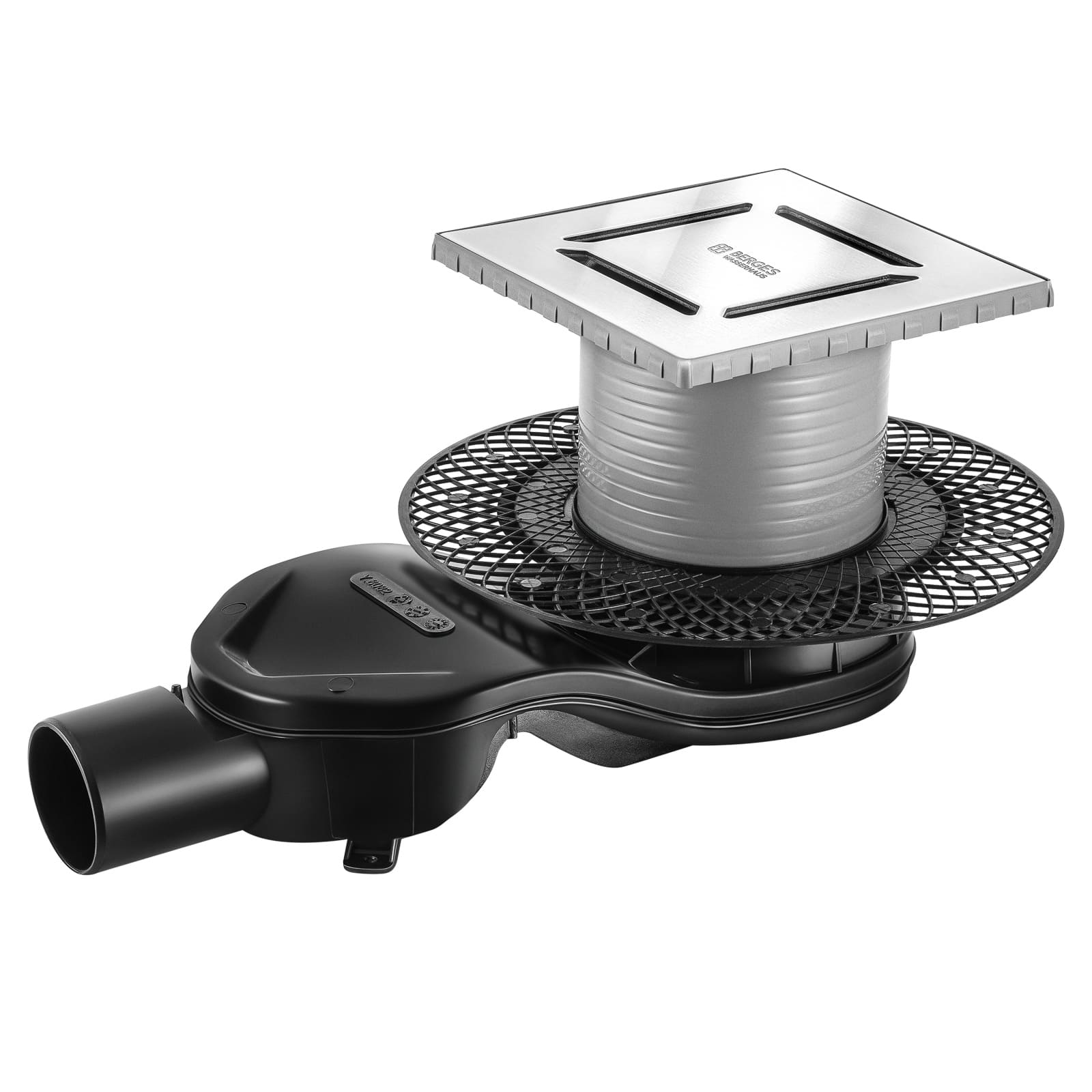 Трап водосток PLATZ Norma 150х150, матовый хром, S-сифон D50 H60 боковой, BERGES