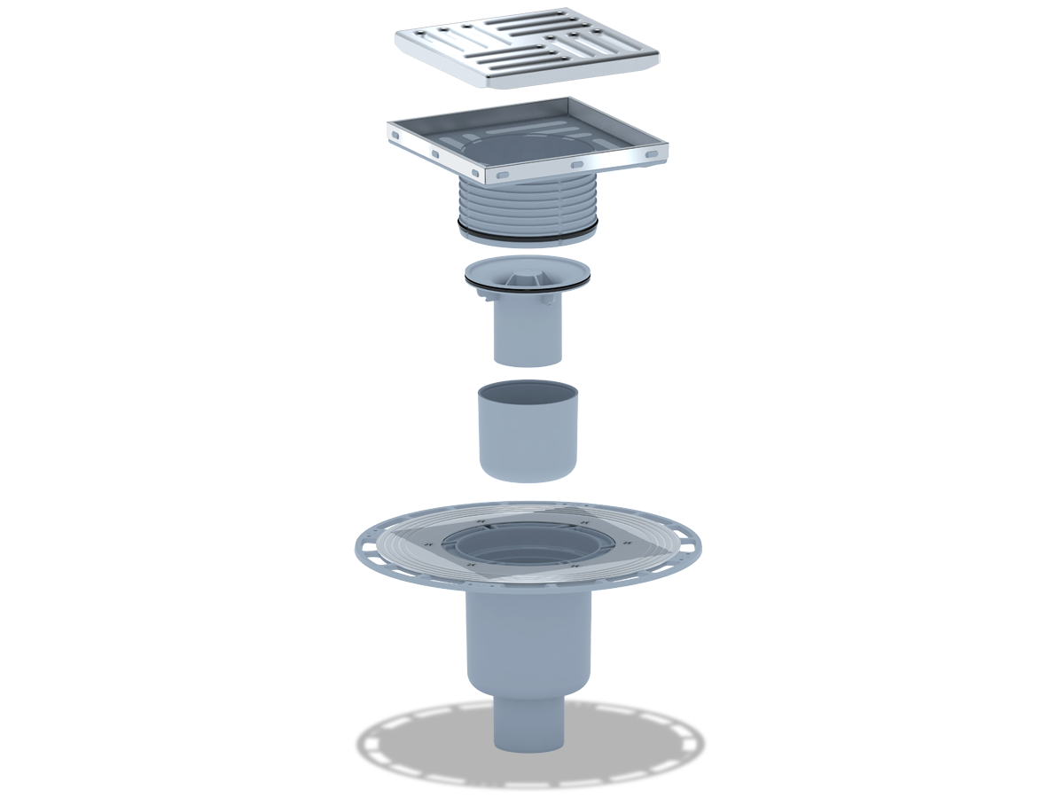 Трап вертикальный регулируемый АНИ Пласт THA5712 выпуск 50 мм с решеткой из нержавеющей стали 150х150 мм