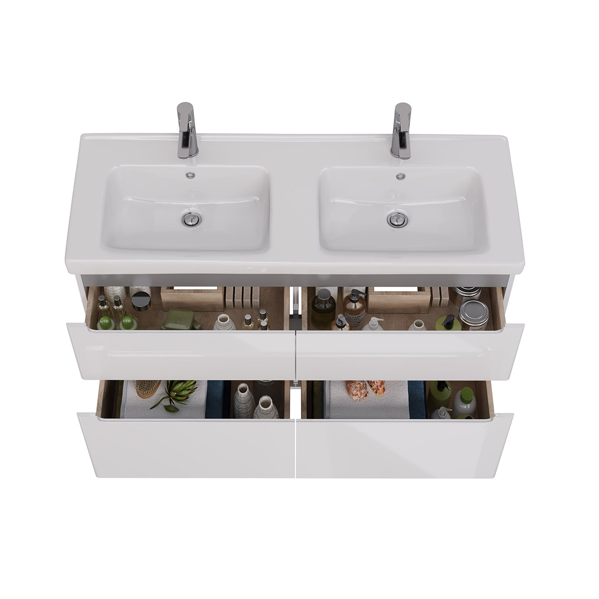 Тумба Lemark BUNO 125 см под 2 раковины, подвесная/напольная, 4 ящика, цвет планки: Серый, цвет корп