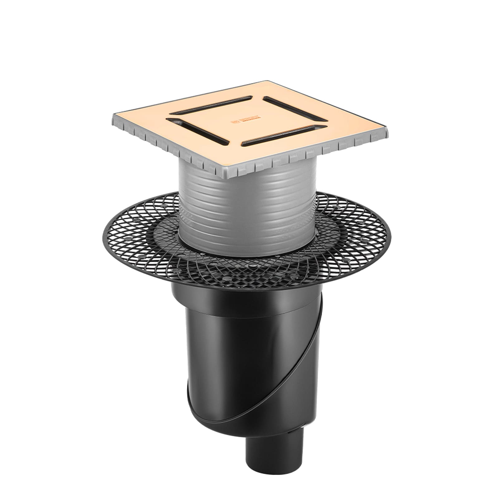 Трап водосток PLATZ Norma 150х150, золото глянец, S-сифон D50/105 H50 вертикальный, BERGES