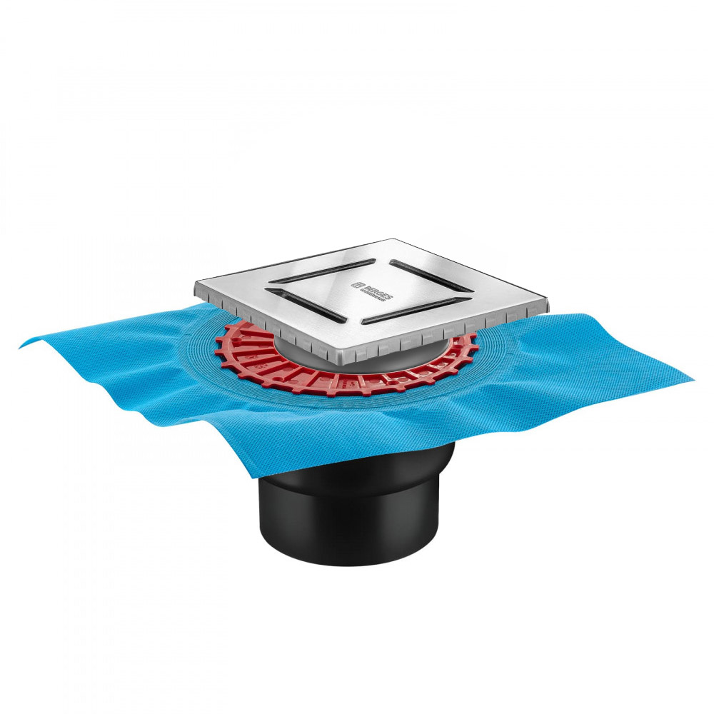 Трап водосток ZENTRUM Norma 150х150, матовый хром, выпуск D50/75/110 H74 вертикальный, BERGES