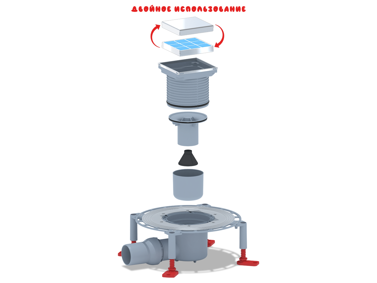 Трап для душа АНИ Пласт THZ5802 DN50 горизонтальный регулируемый с комбинированным затвором и решёткой из нержавеющей стали 100х100 мм под плитку