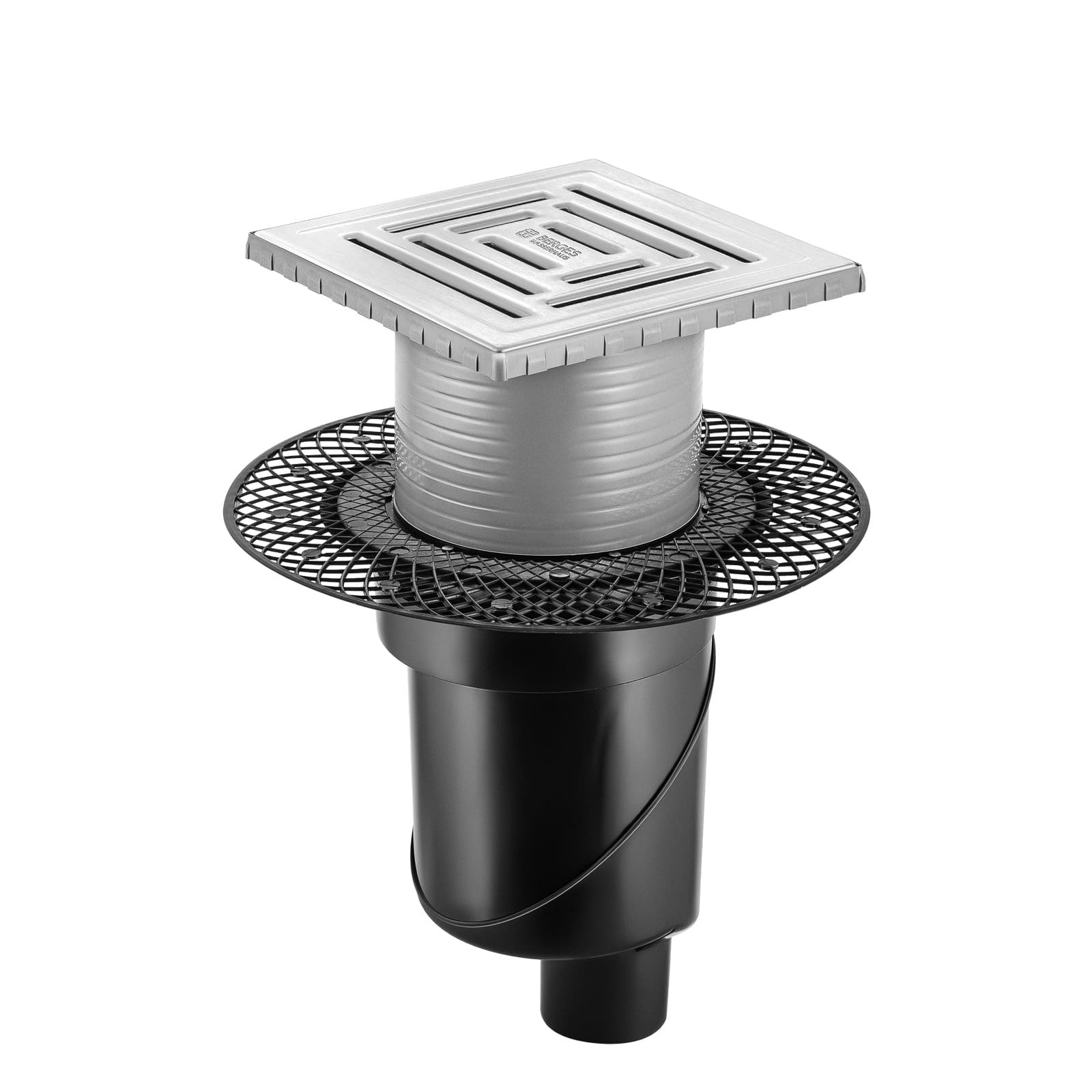 Трап водосток PLATZ Uno 150х150, матовый хром, S-сифон D50/105 H50 вертикальный, BERGES