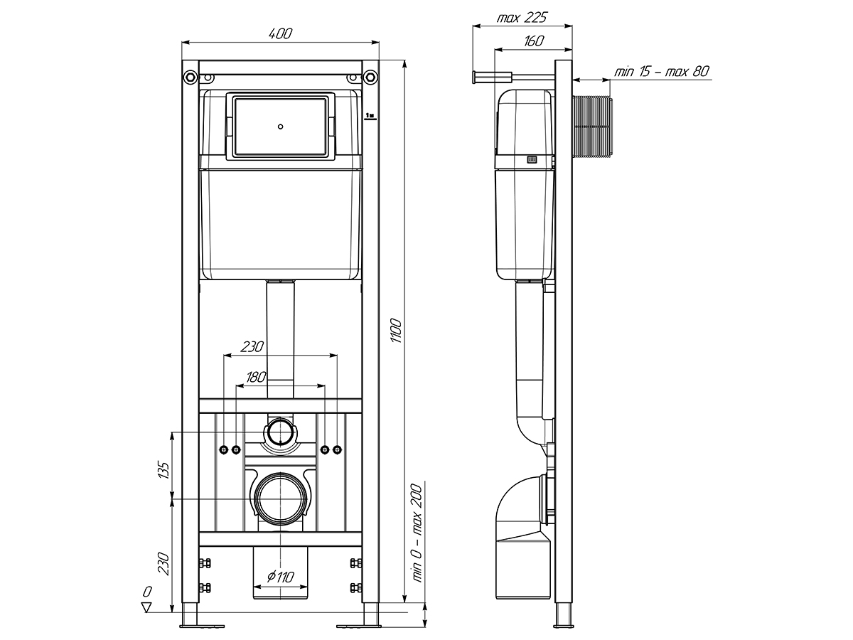 Инсталляция для унитаза 40 см АНИ Пласт WCP4140 1300х400х225 мм с прямоугольной белой глянцевой клавишей