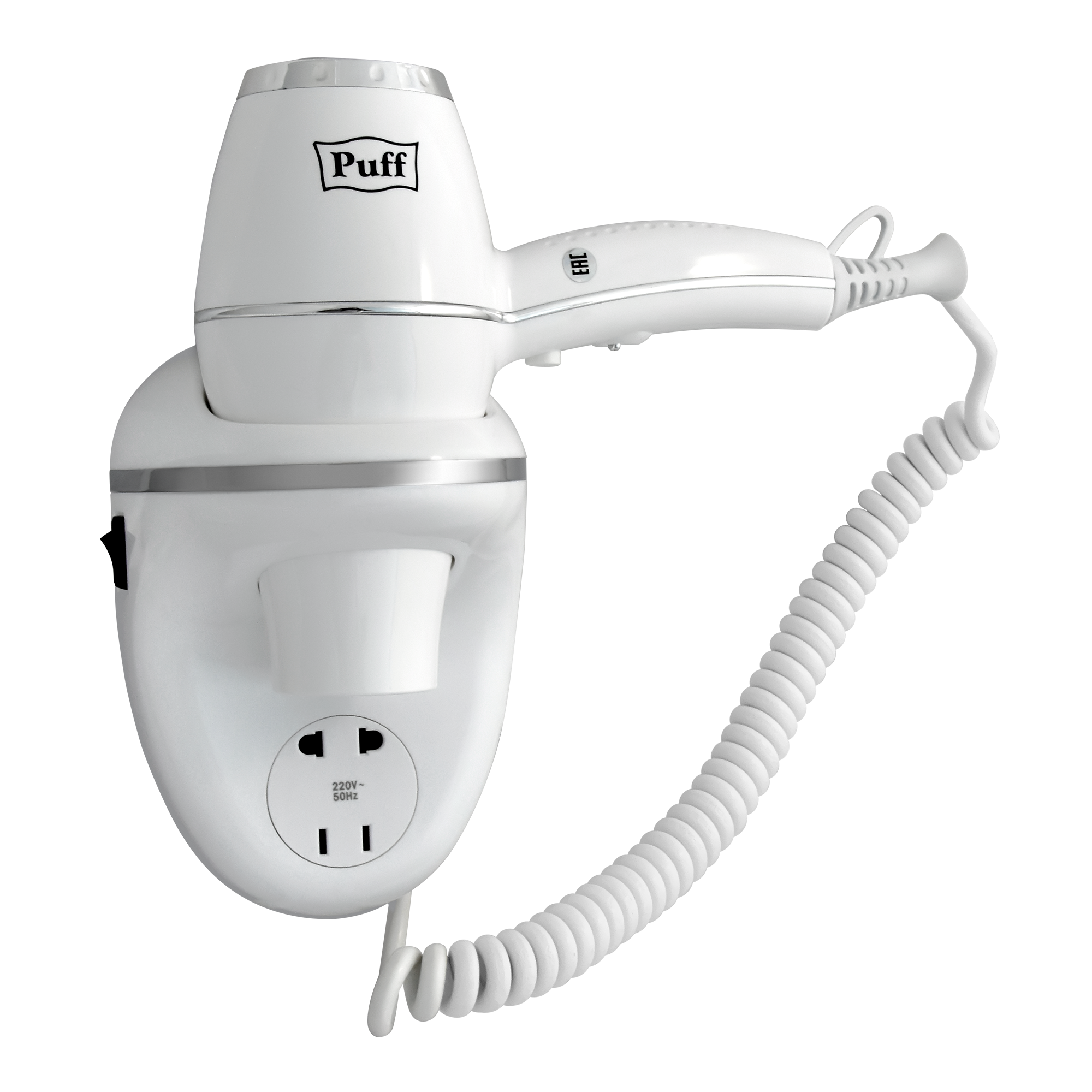 Фен для волос настенный PUFF-1800В белый, с розеткой, 1,8 кВт (0405.011)