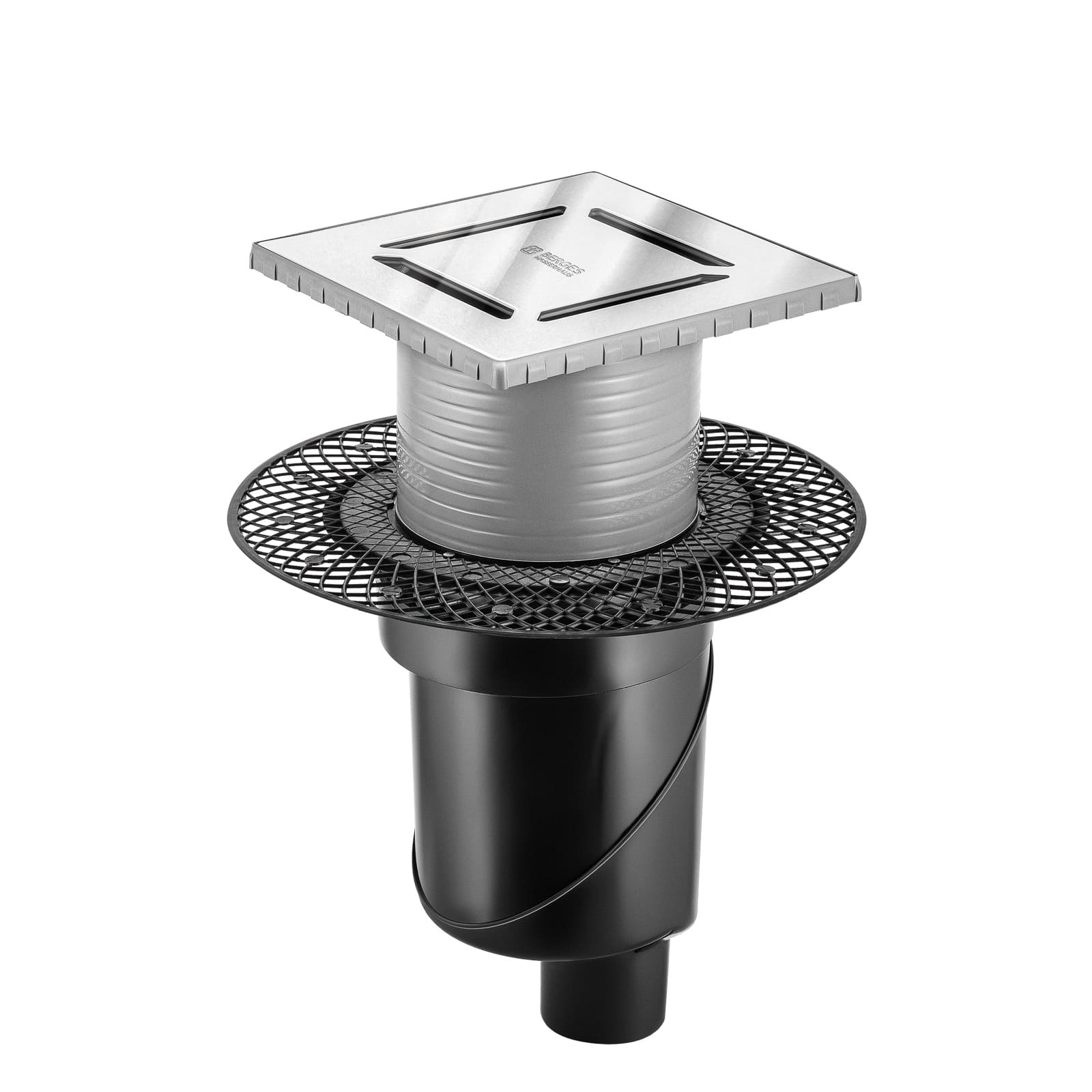 Трап водосток PLATZ Norma 150х150, хром глянец, S-сифон D50/105 H50 вертикальный, BERGES