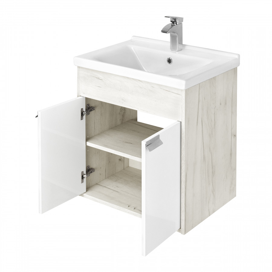 Тумба ФЛАЙ 60, белая, дуб крафт (под раковину МИРАНДА 60)