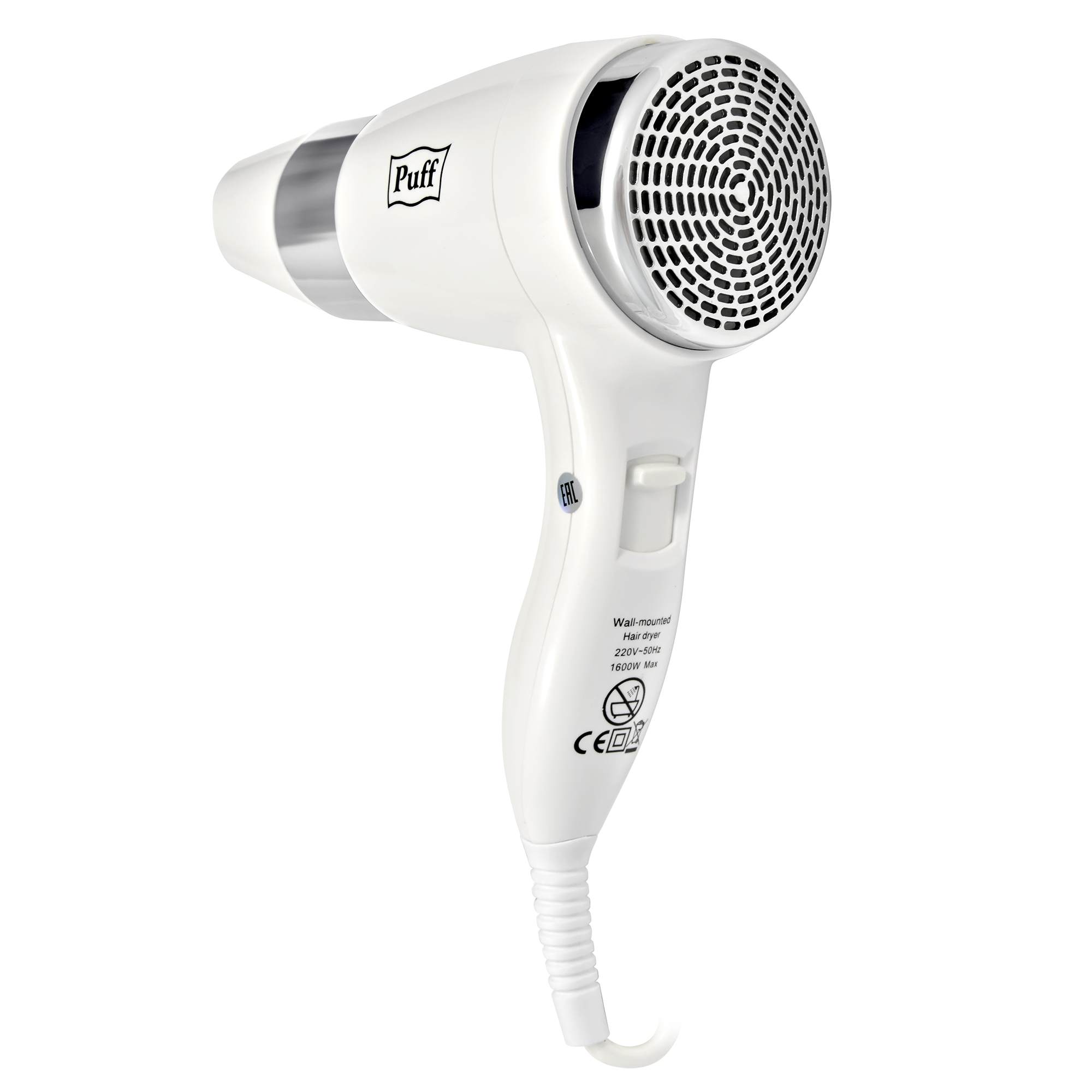 Фен для волос настенный PUFF-1600В белый, с розеткой, 1,6 кВт (0405.009)