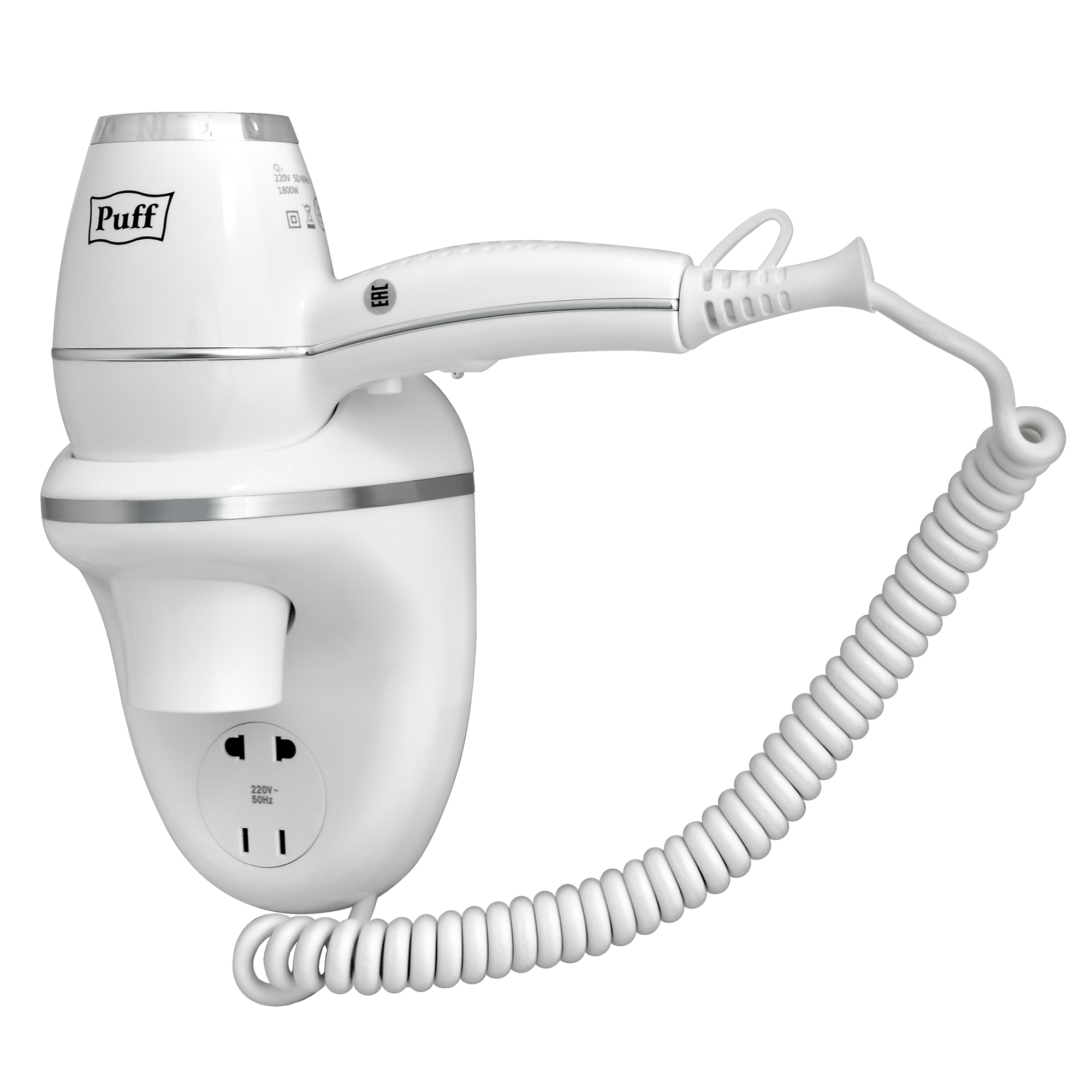 Фен для волос настенный PUFF-1800В белый, с розеткой, 1,8 кВт (0405.011)