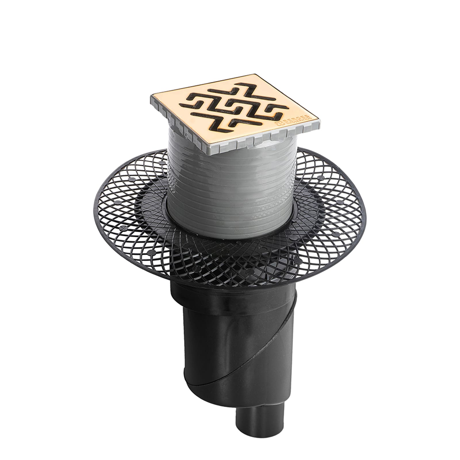 Трап водосток PLATZ Antik 100х100, золото глянец, S-сифон D50/105 H50 вертикальный, BERGES