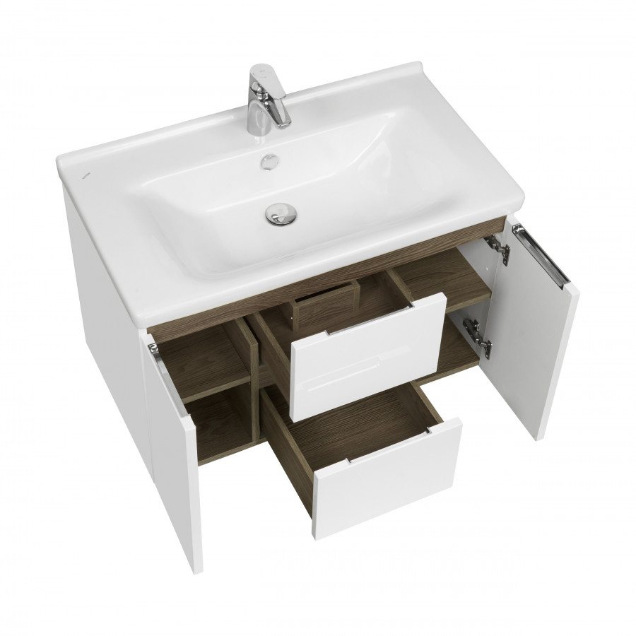 Тумба РЕНЕ 80, белая, грецкий орех (под раковину МИРАНДА 80) 