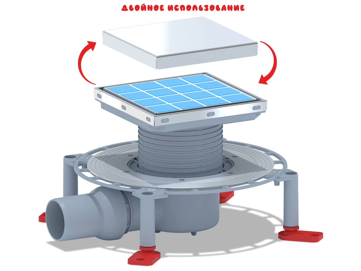 Трап для душа АНИ Пласт TVZ5812 DN50 горизонтальный регулируемый с комбинированным затвором и решёткой из нержавеющей стали 150х150 мм под плитку