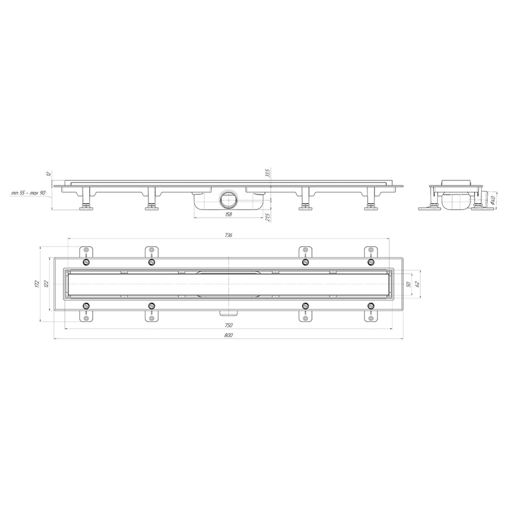 Трап линейный  пластиковый АНИ Пласт TLQ1075 DN40 с сухим затвором и матовой решёткой под плитку МОЛ 750х62 мм