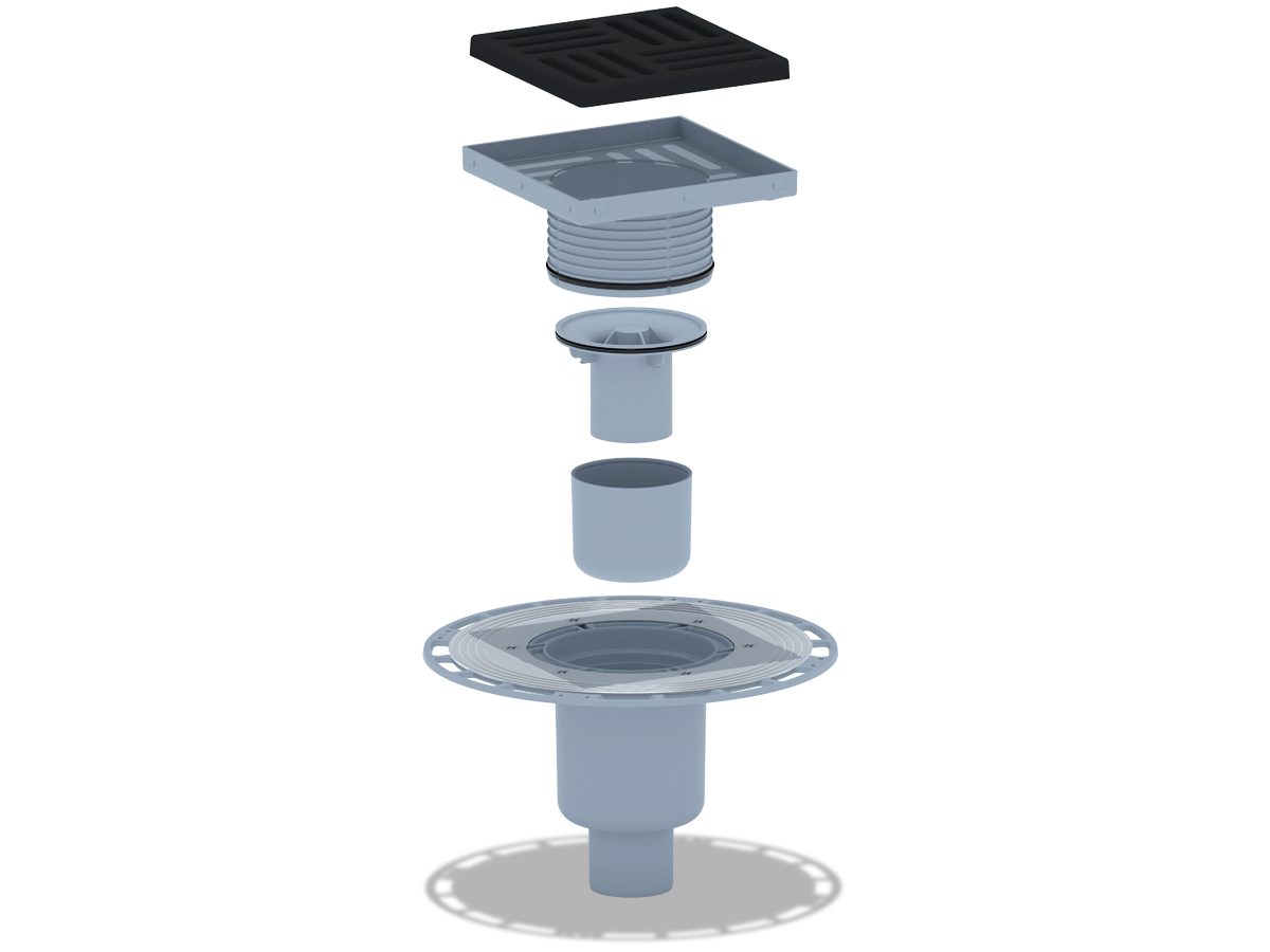 Трап вертикальный регулируемый АНИ Пласт THA5716 выпуск 50 мм с решеткой из чугуна 150х150 мм