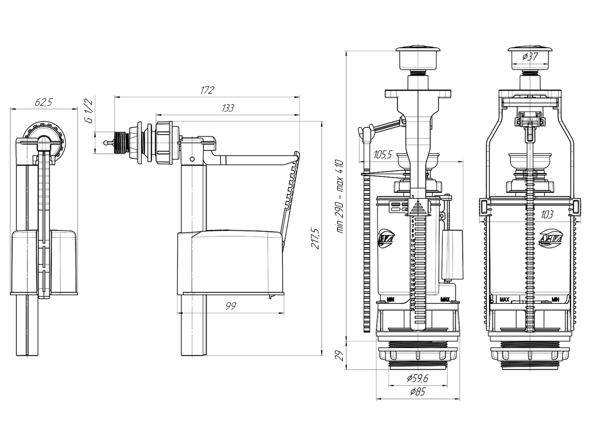 Набор с боковой подводкой АНИ Пласт WC3050M 1 1/2 дюйма с пластиковым штуцером двойная кнопка эконом металл