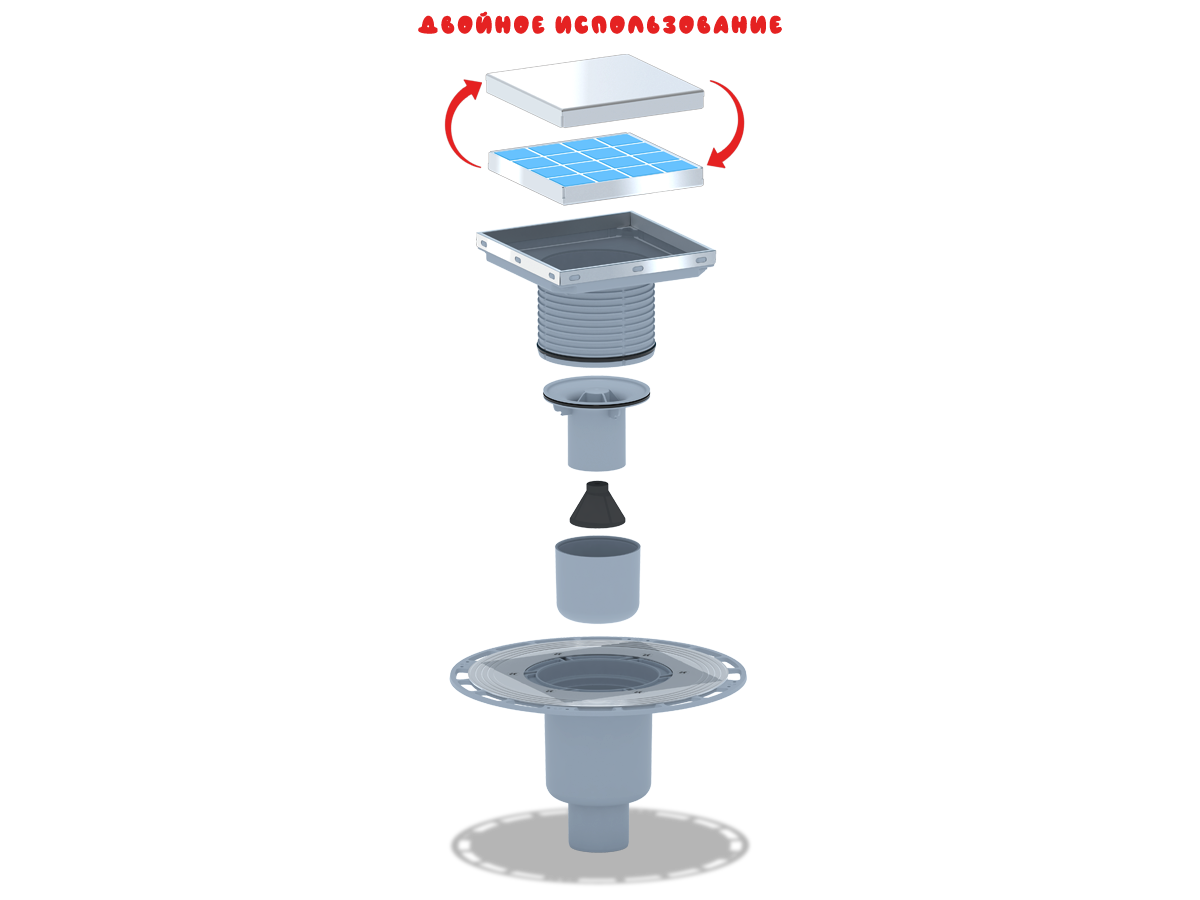 Трап для душа АНИ Пласт THZ5912 DN50 вертикальный регулируемый с комбинированным затвором и решёткой из нержавеющей стали 150х150 мм под плитку
