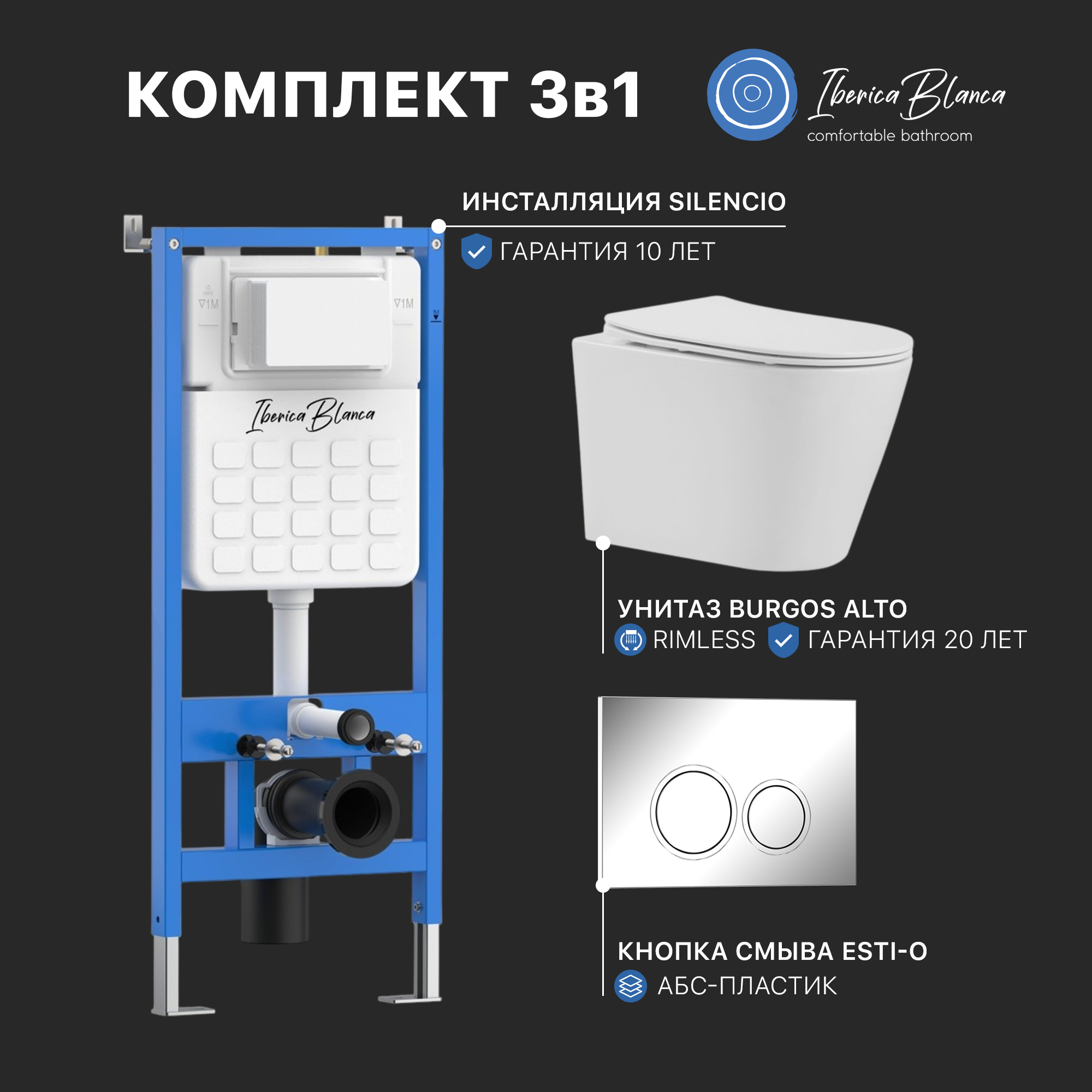 Промо комплект 3в1 IBERICA BLANCA SET.IB.001 (инсталляция, унитаз, кнопка смыва)