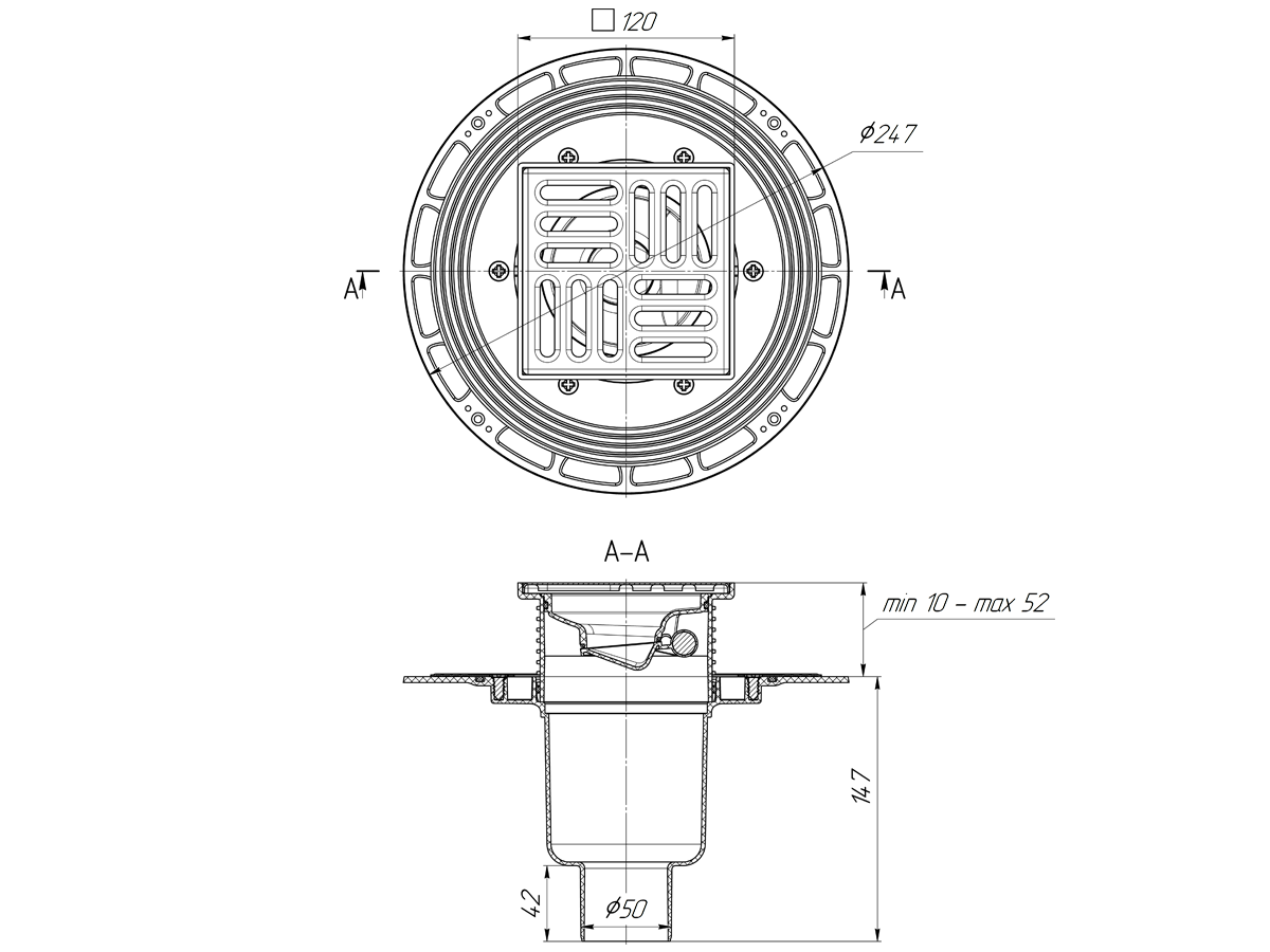 Трап для душа АНИ Пласт THQ5714 DN50 вертикальный регулируемый с сухим затвором и решёткой из нержавеющей стали 120х120 мм