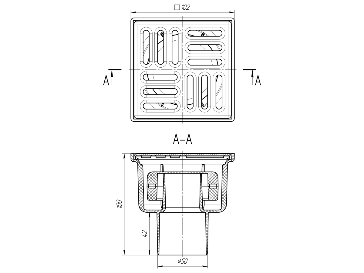 Трап верт. вып. 50, с реш. из  нерж. стали 10x10  сухой, ANI PLAST