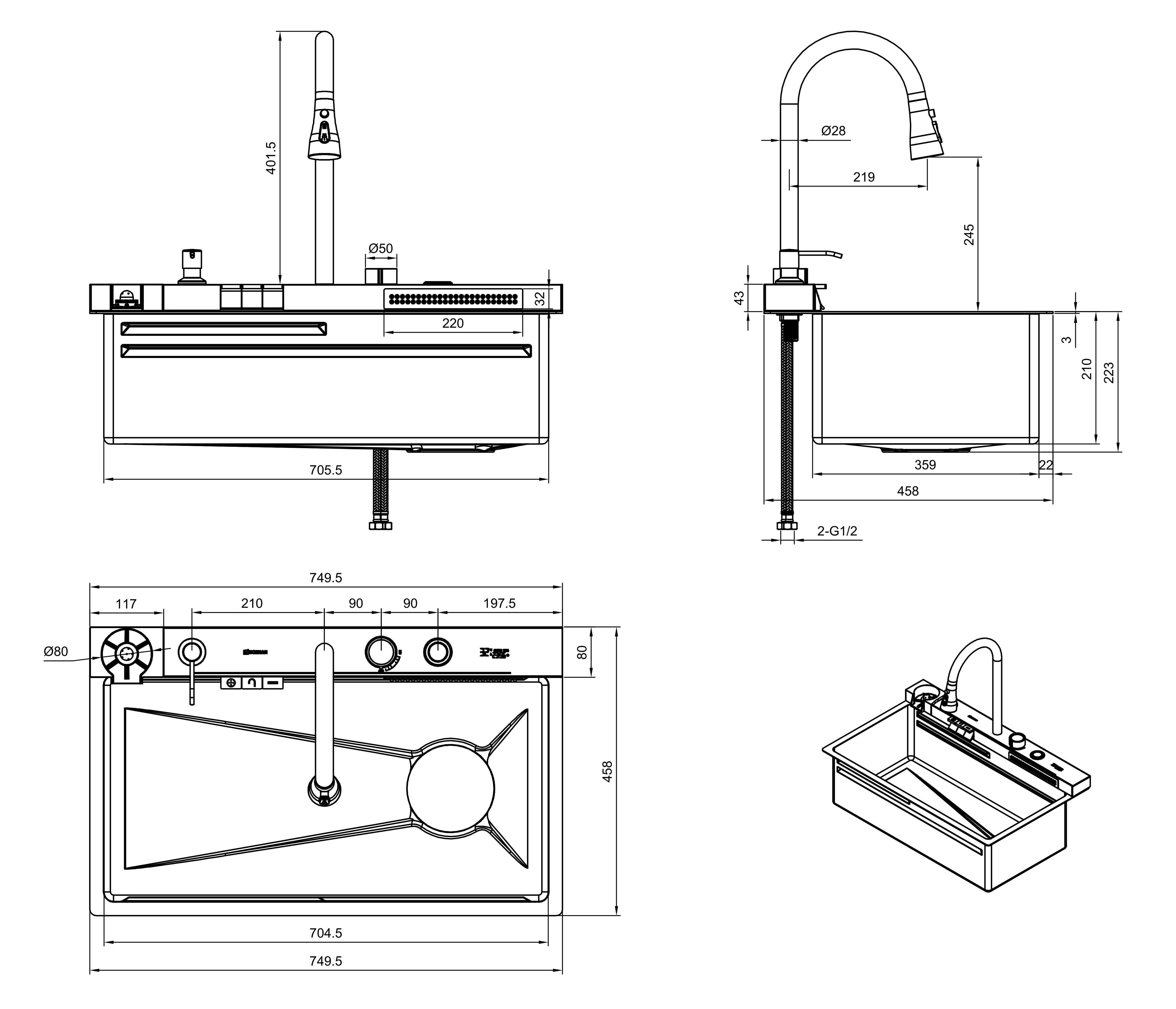 Кухонная мойка многофункциональная ПРОФСАН PSM-9952GR готовое решение со смесителем, нержавеющая сталь, графит