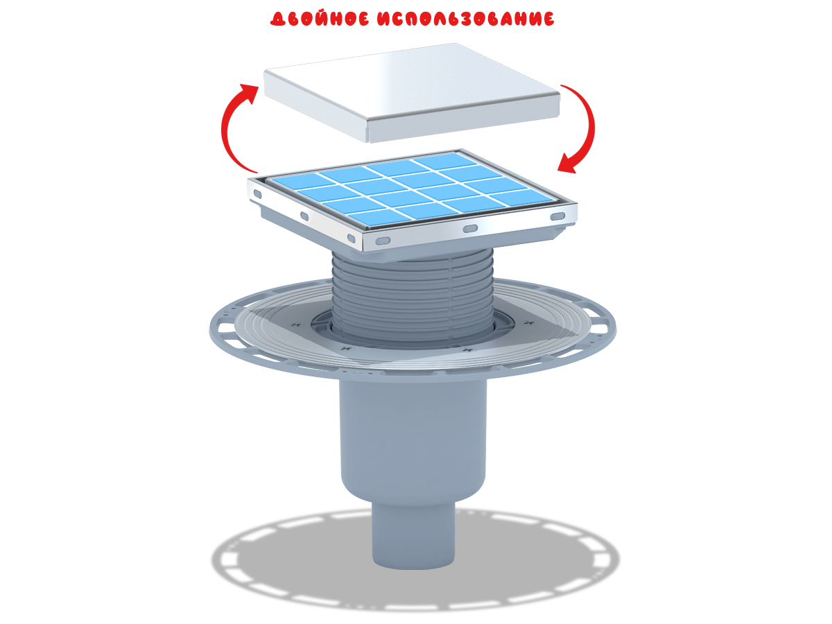 Трап вертикальный регулируемый АНИ Пласт THA5912 выпуск 50 мм с решеткой из нержавеющей стали 150х150 мм под плитку