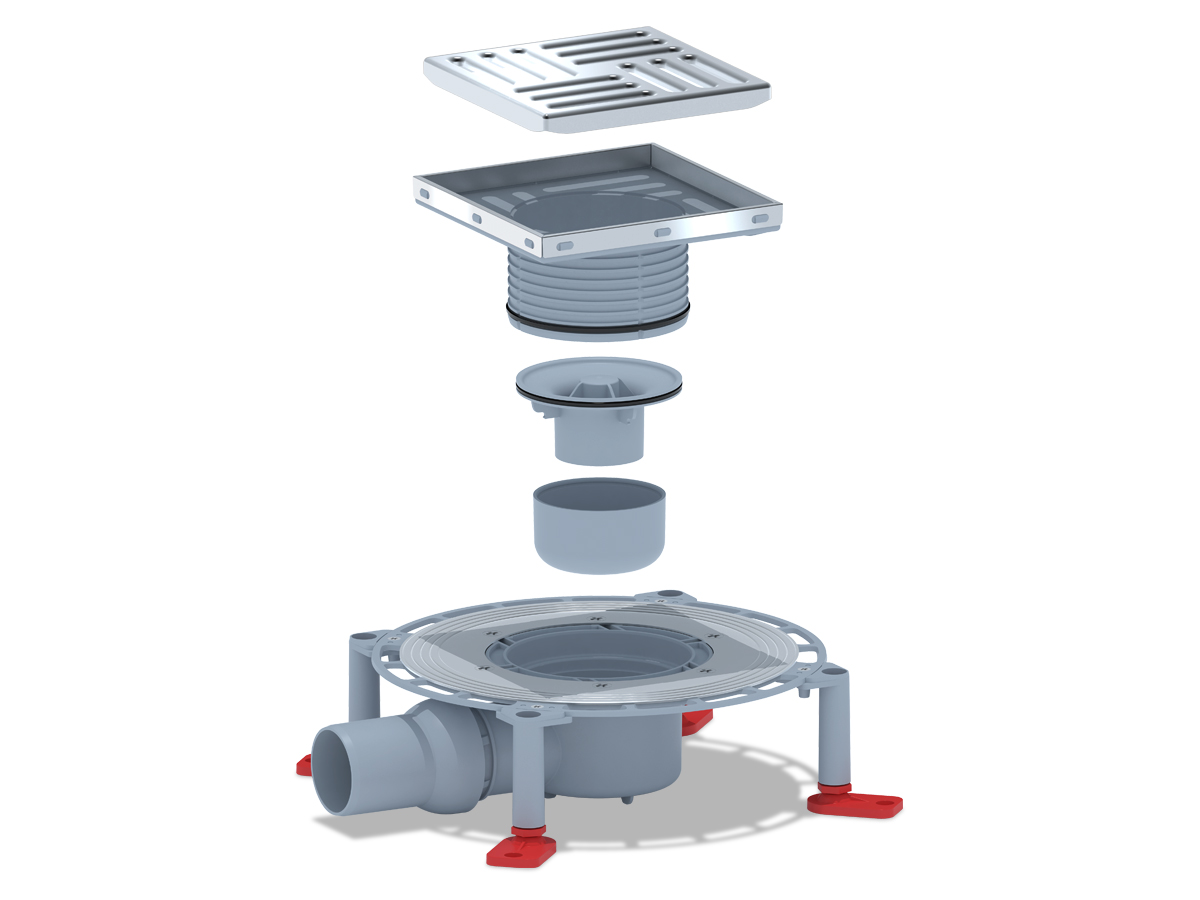 Трап горизонтальный регулируемый АНИ Пласт TVA5612 выпуск 50 мм с решеткой из нержавеющей стали 150х150 мм