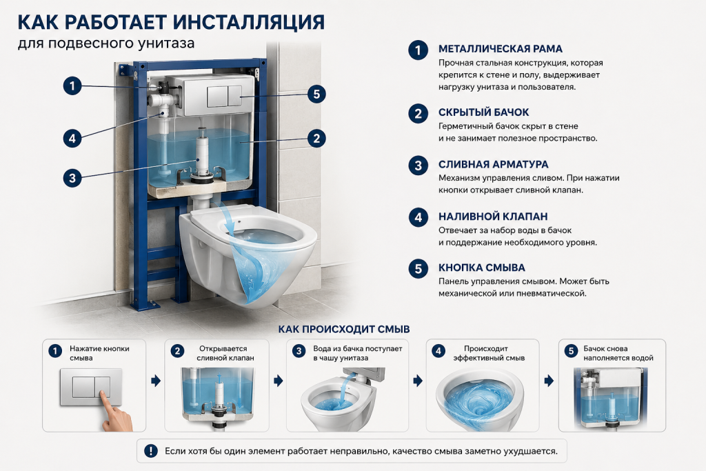 Как работает инсталляция для подвесного унитаза