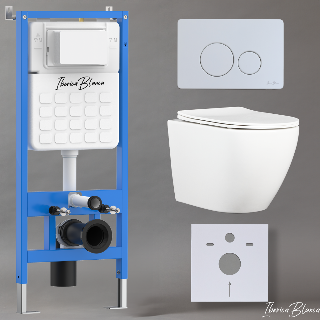 Комплект 3в1 IBERICA BLANCA инсталляция SILENCIO, унитаз BILBAO ALTO белый, кнопка смыва INOX-O белый матовый (IB001.BLA.234.811)