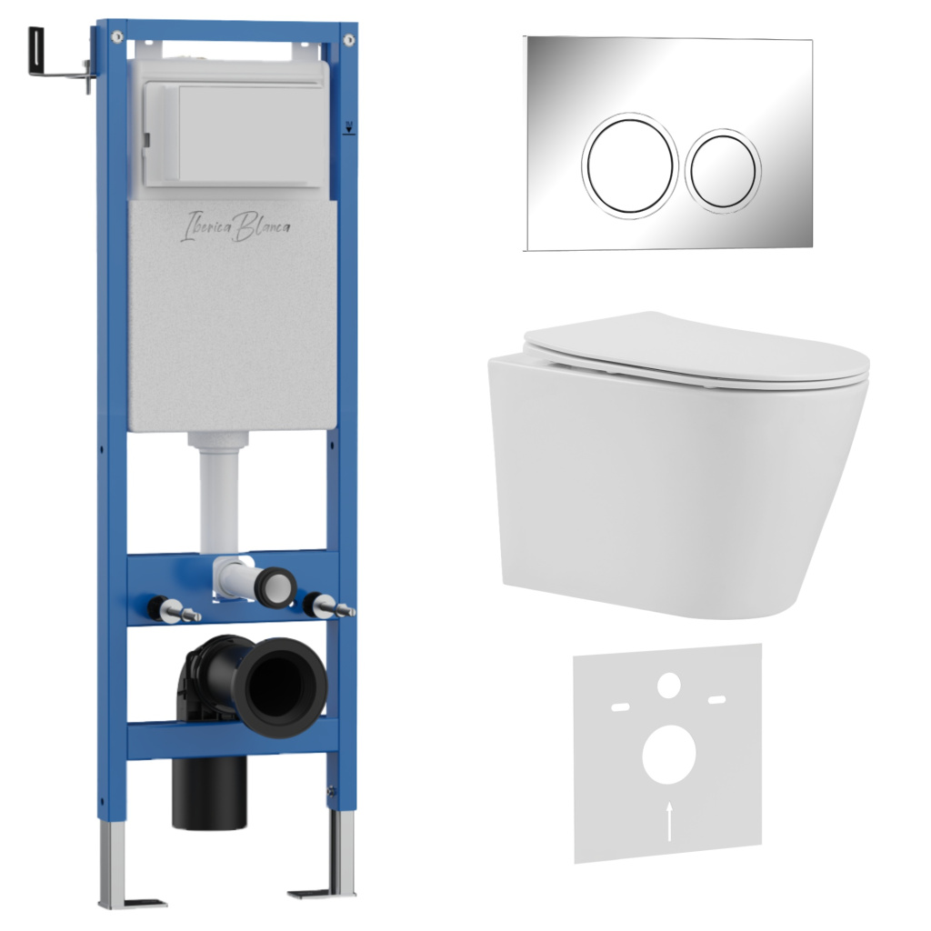 Комплект 3в1 IBERICA BLANCA инсталляция SILENCIO MINI, унитаз BURGOS ALTO белый, кнопка смыва ESTI-O хром глянцевый (IB.001M.BRA.234.823)