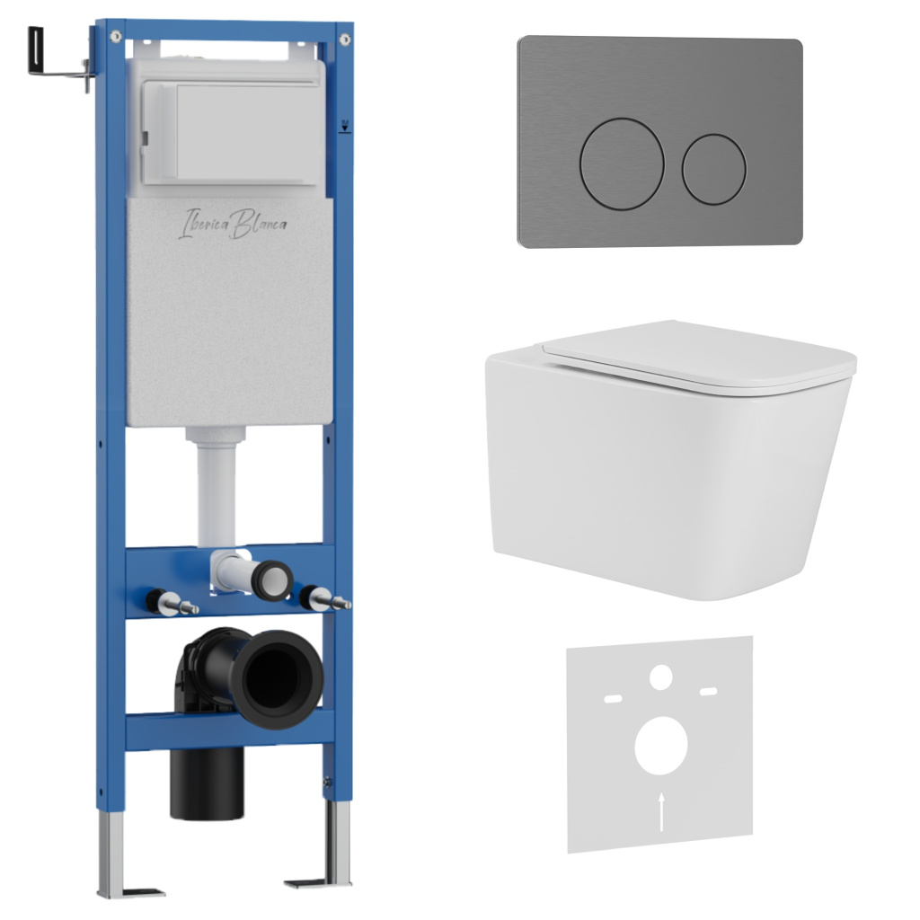 Комплект 3в1 IBERICA BLANCA инсталляция SILENCIO MINI, унитаз TOLEDO ALTO белый, кнопка смыва INOX-О вороненая сталь (IB.001M.TLA.234.8180)