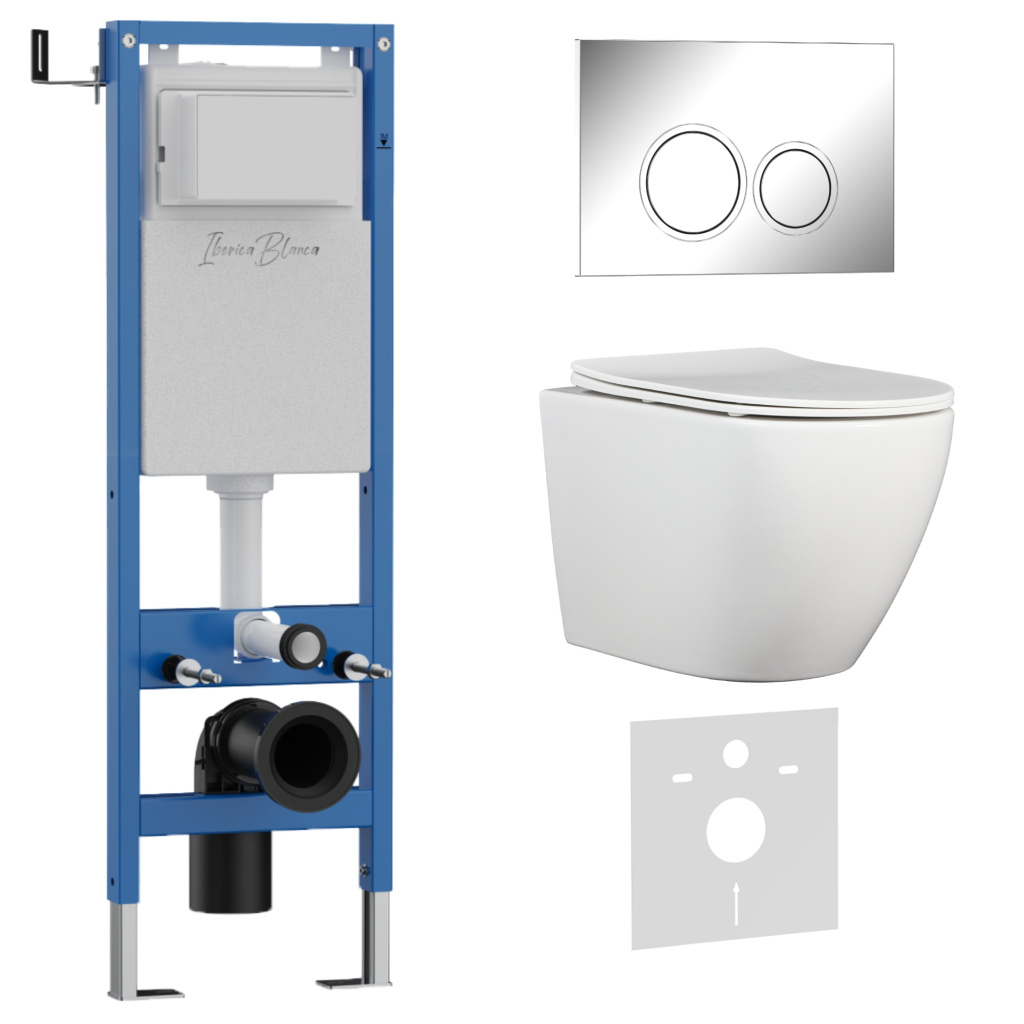 Комплект 3в1 IBERICA BLANCA инсталляция SILENCIO MINI, унитаз BILBAO ALTO белый, кнопка смыва ESTI-O хром матовый (IB.001M.BLA.234.824)