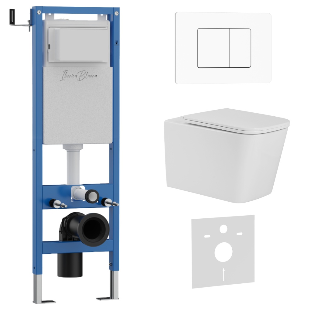 Комплект 3в1 IBERICA BLANCA инсталляция SILENCIO MINI, унитаз TOLEDO ALTO белый, кнопка смыва INOX-C белый матовый (IB.001M.TLA.234.111)