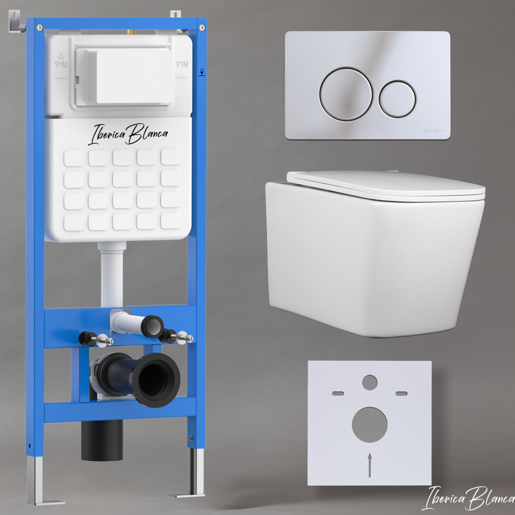 Комплект 3в1 IBERICA BLANCA инсталляция SILENCIO, унитаз TOLEDO ALTO белый, кнопка смыва INOX-O хром глянцевый (IB001.TLA.234.8131)