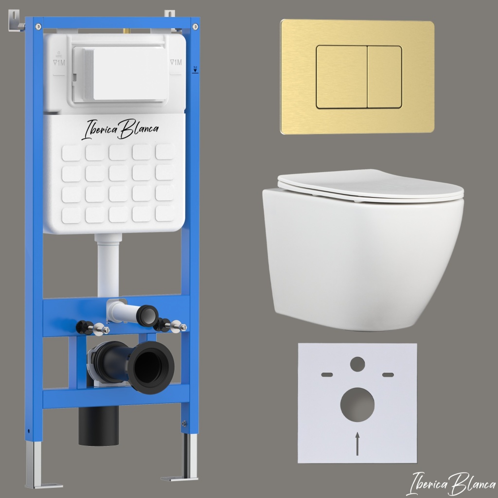 Комплект 3в1 IBERICA BLANCA инсталляция SILENCIO, унитаз BILBAO ALTO белый, кнопка смыва INOX-C золото матовое (IB001.BLA.234.1150)