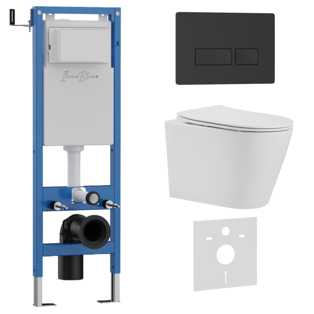 Комплект 3в1 IBERICA BLANCA инсталляция SILENCIO MINI, унитаз BURGOS ALTO белый, кнопка смыва ESTI-R черный матовый (IB.001M.BRA.234.212)