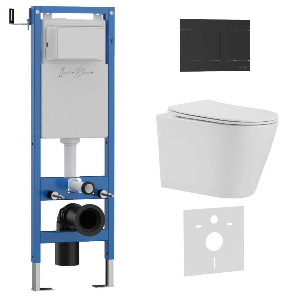 Комплект 3в1 IBERICA BLANCA инсталляция SILENCIO MINI, унитаз BURGOS ALTO белый, кнопка смыва INOX-R черный матовый (IB.001M.BRA.234.1504)
