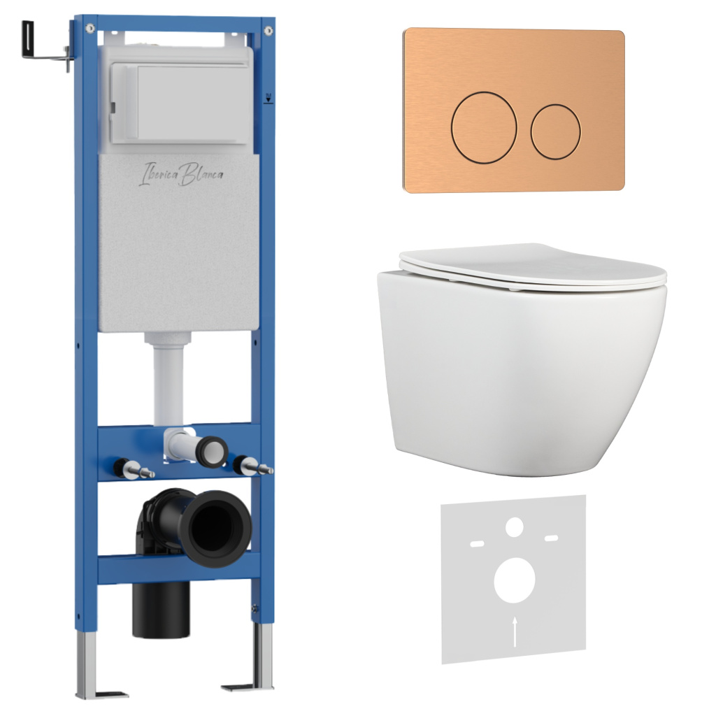 Комплект 3в1 IBERICA BLANCA инсталляция SILENCIO MINI, унитаз BILBAO ALTO белый, кнопка смыва INOX-О розовое золото матовое (IB.001M.BLA.234.8172)