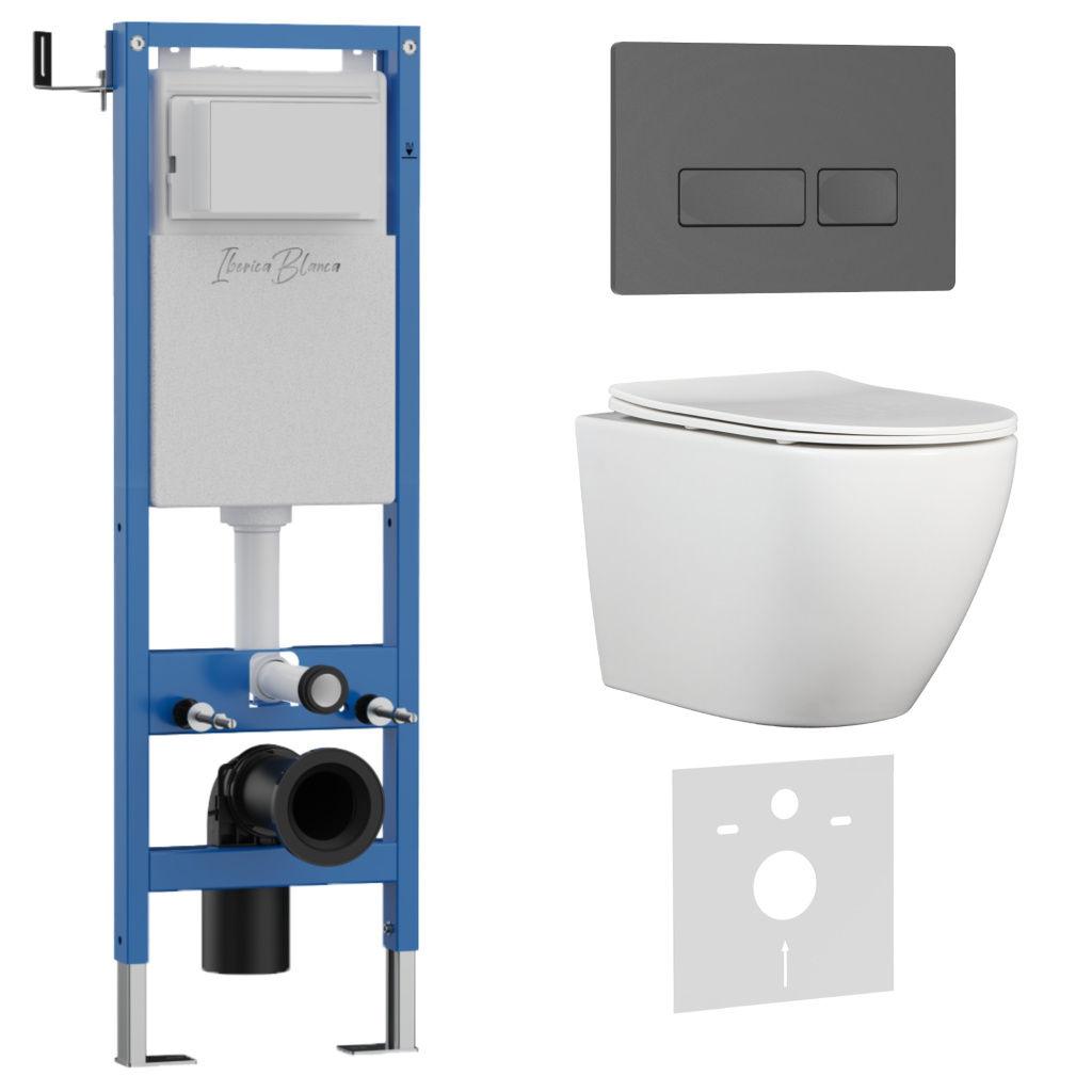Комплект 3в1 IBERICA BLANCA инсталляция SILENCIO MINI, унитаз BILBAO ALTO белый, кнопка смыва ESTI-R серый матовый (IB.001M.BLA.234.218)