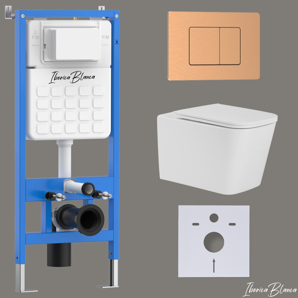Комплект 3в1 IBERICA BLANCA инсталляция SILENCIO, унитаз TOLEDO ALTO белый, кнопка смыва INOX-C розовое золото матовое (IB001.TLA.234.1172)
