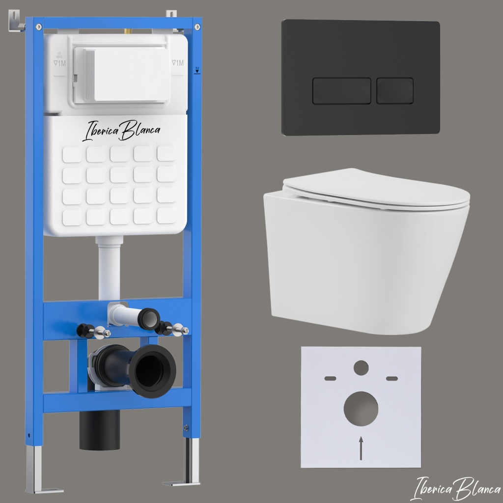 Комплект 3в1 IBERICA BLANCA инсталляция SILENCIO, унитаз BURGOS ALTO белый, кнопка смыва ESTI-R черный матовый (IB001.BRA.234.212)