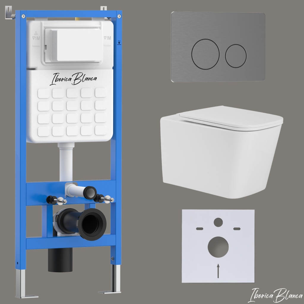 Комплект 3в1 IBERICA BLANCA инсталляция SILENCIO, унитаз TOLEDO ALTO белый, кнопка смыва INOX-О вороненая сталь (IB001.TLA.234.8180)