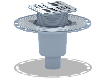 Трап вертикальный регулируемый АНИ Пласт TVA5714M выпуск 50 мм с решеткой и обрешеткой из нержавеющей стали 120х120 мм