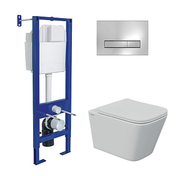 Комплект: инсталляция АТОМ Line кнопка глянцевый хром, унитаз FLOE S Rimless 51 см, сидение дюроплас