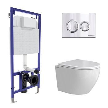 Комплект: инсталляция NOVUM кнопка O3 хром глянец, унитаз OKUS Rimless 49 см, сиденье дюропласт микр