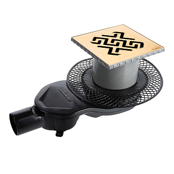 Трап водосток PLATZ Antik 150х150, золото глянец, S-сифон D50 H60 боковой, BERGES