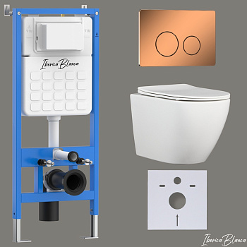 Комплект 3в1 IBERICA BLANCA инсталляция SILENCIO, унитаз BILBAO ALTO белый, кнопка смыва INOX-О розовое золото глянцевое (IB001.BLA.234.8171)