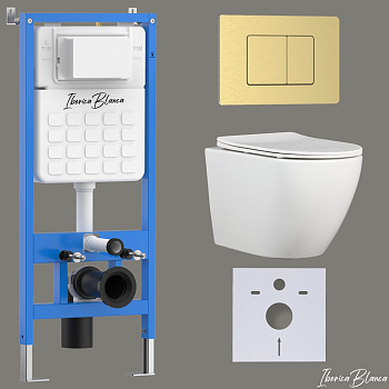 Комплект 3в1 IBERICA BLANCA инсталляция SILENCIO, унитаз BILBAO ALTO белый, кнопка смыва INOX-C золото матовое (IB001.BLA.234.1150)