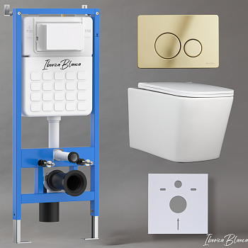 Комплект 3в1 IBERICA BLANCA инсталляция SILENCIO, унитаз TOLEDO ALTO белый, кнопка смыва INOX-O золото глянцевое (IB001.TLA.234.816)